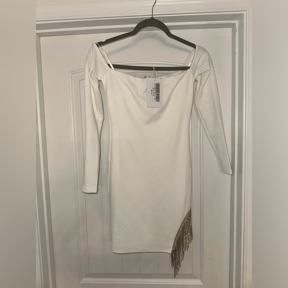 Elegant White Dress with Gold Fringe